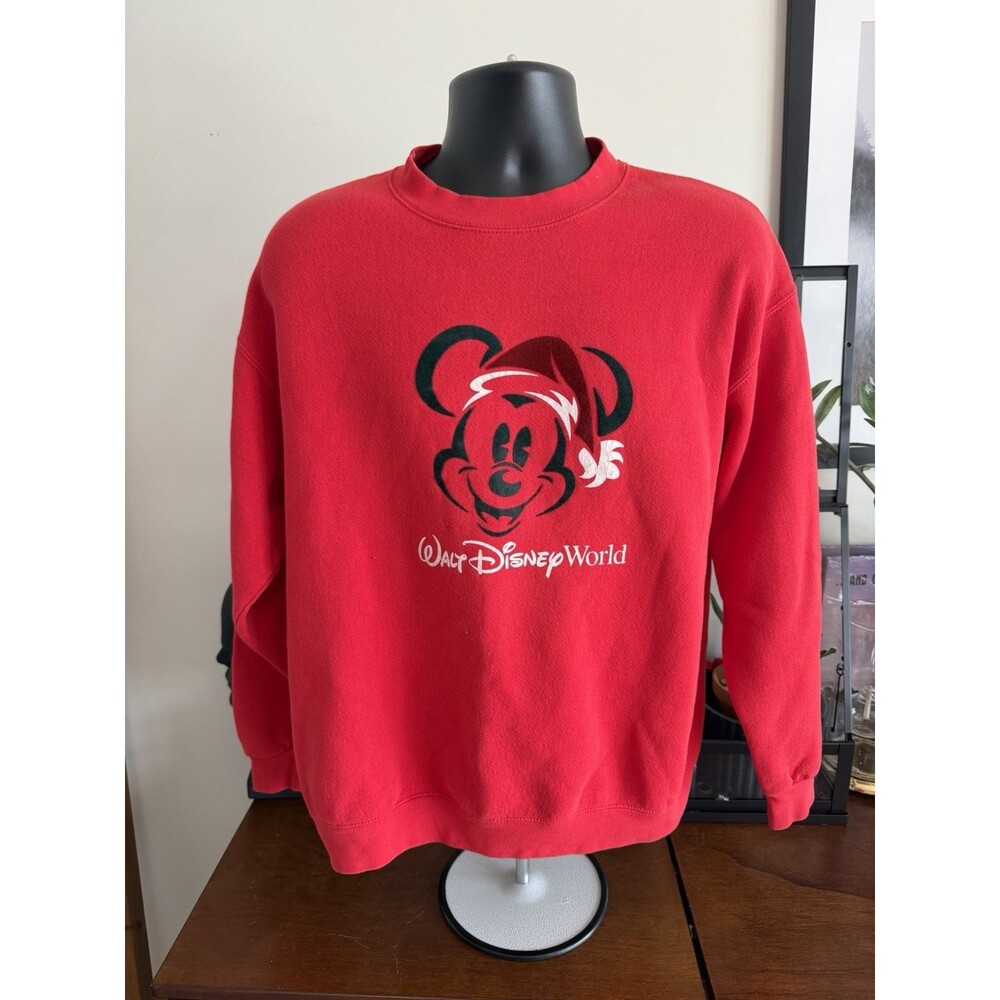VTG 90s Walt Disney World Christmas Mickey Mouse Santa Hat Red Sweatshirt L Park